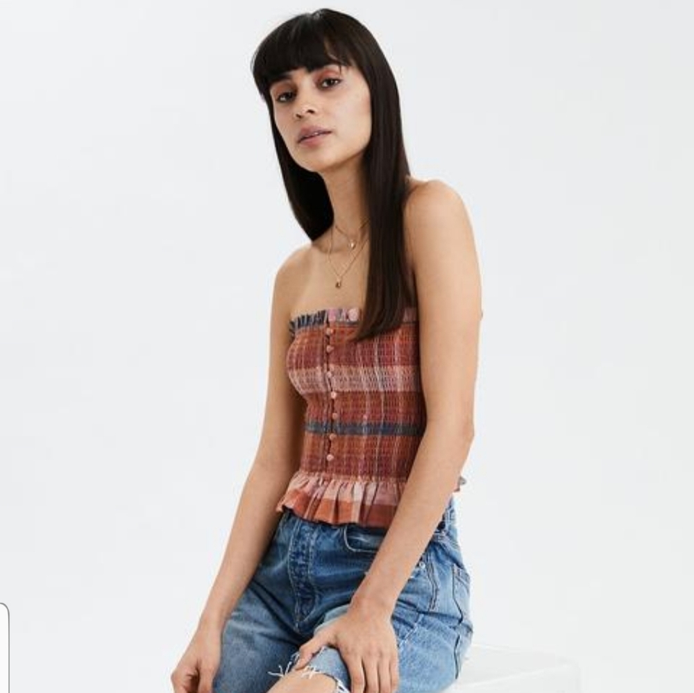 American Eagle Plaid Buttons Smocked Tube Top XS